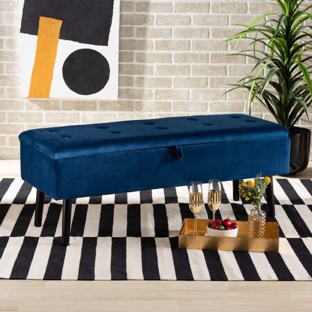 Baxton Studio Caine ModernNavy Blue Velvet Upholstered and Dark Brown Finished Wood Storage Bench 197-12200-ZORO